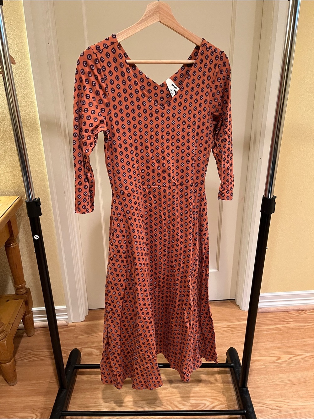 Pact Rust Midi Dress with Navy Pattern
